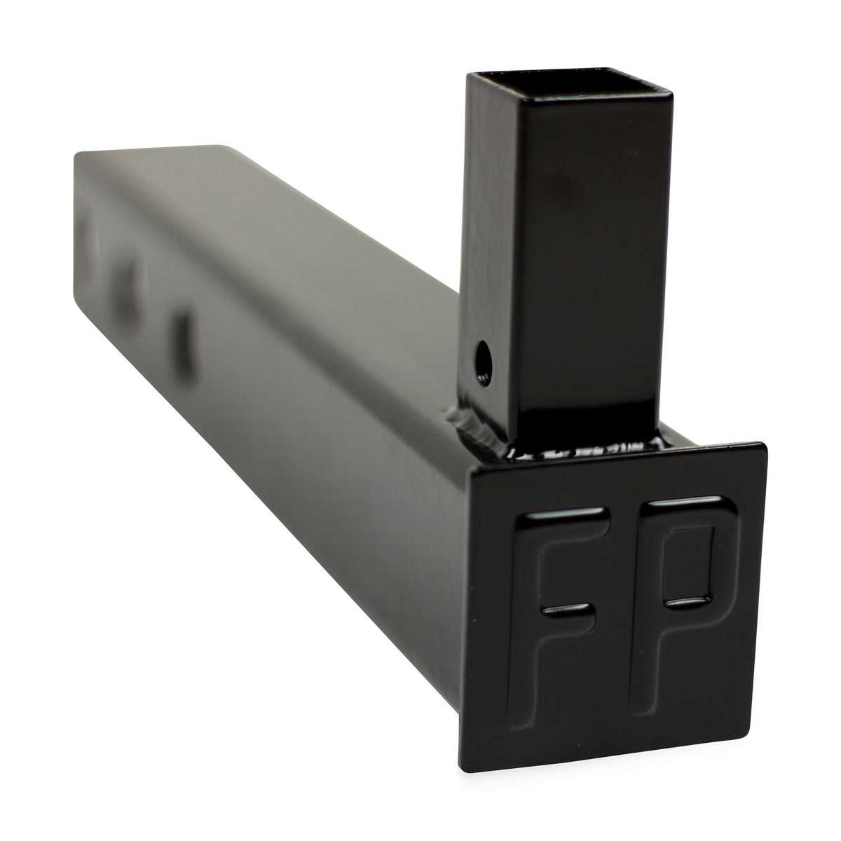FanPole black steel dummy hitch for a 2-inch receiver with vertical pole sleeve and embossed FP end plate, front three-quarter view