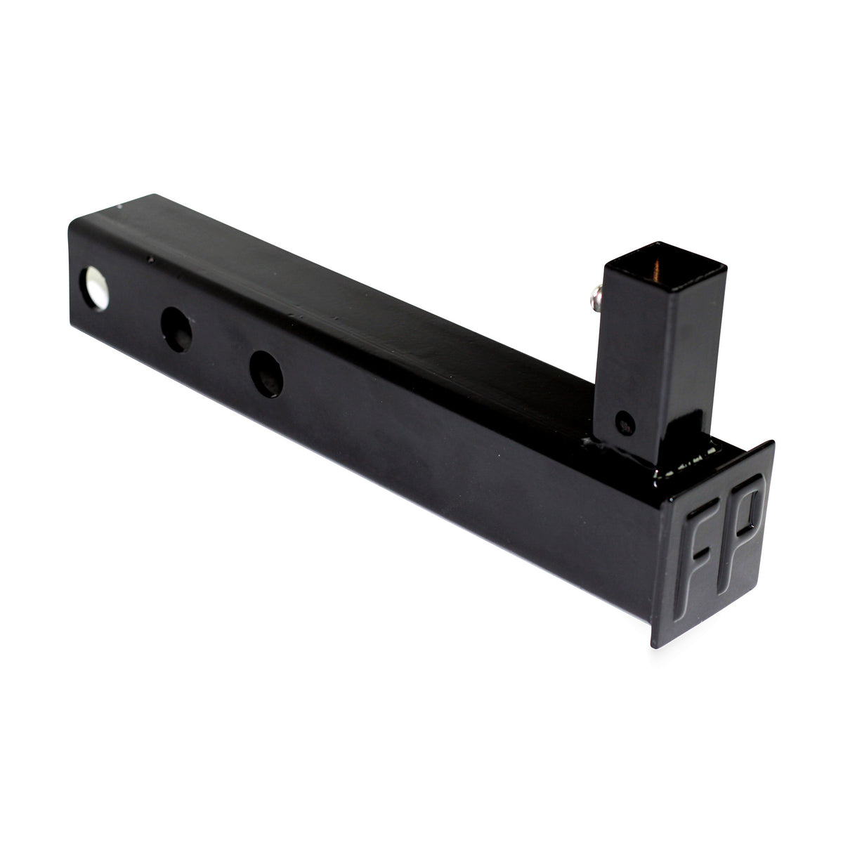 Side view of the FanPole dummy hitch insert showing the pin holes, vertical pole sleeve with thumb screw and FP end plate
