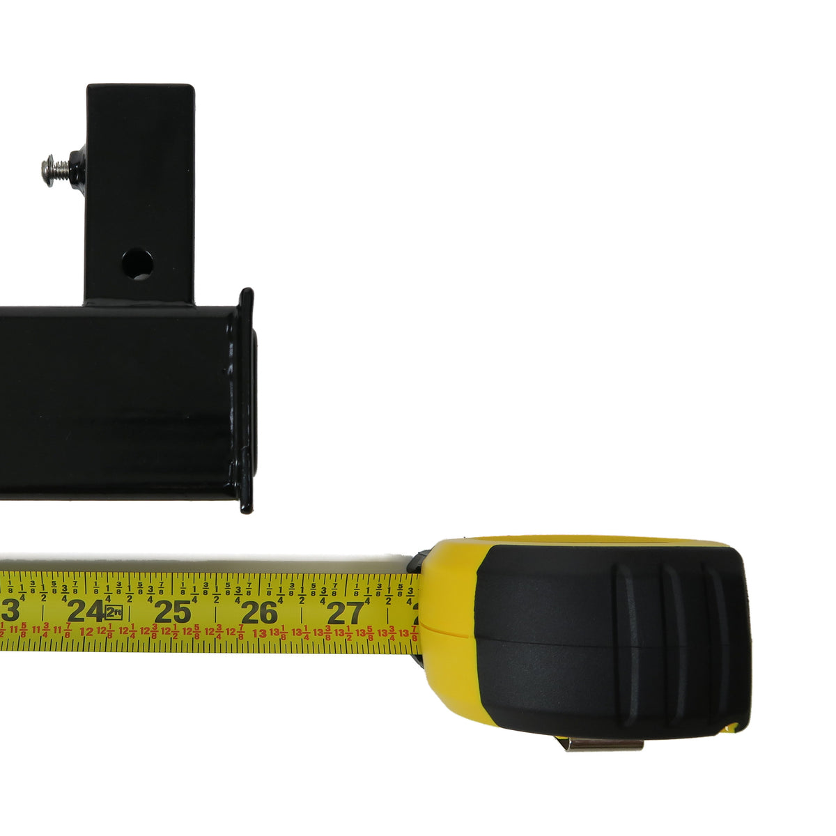 End of the FanPole extended dummy hitch with its vertical pole sleeve and thumb screw, shown beside a tape measure for scale