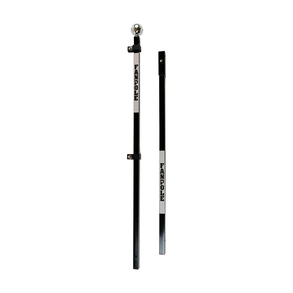 Upper and lower FanPole steel pole sections standing side by side, showing the chrome ball finial, flag clamps and FANPOLE labels