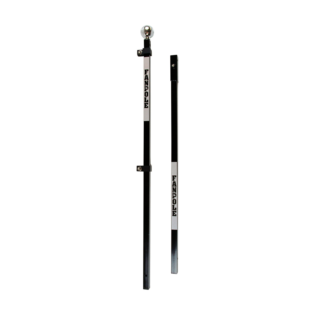 Upper and lower FanPole steel pole sections standing side by side, showing the chrome ball finial, flag clamps and FANPOLE labels