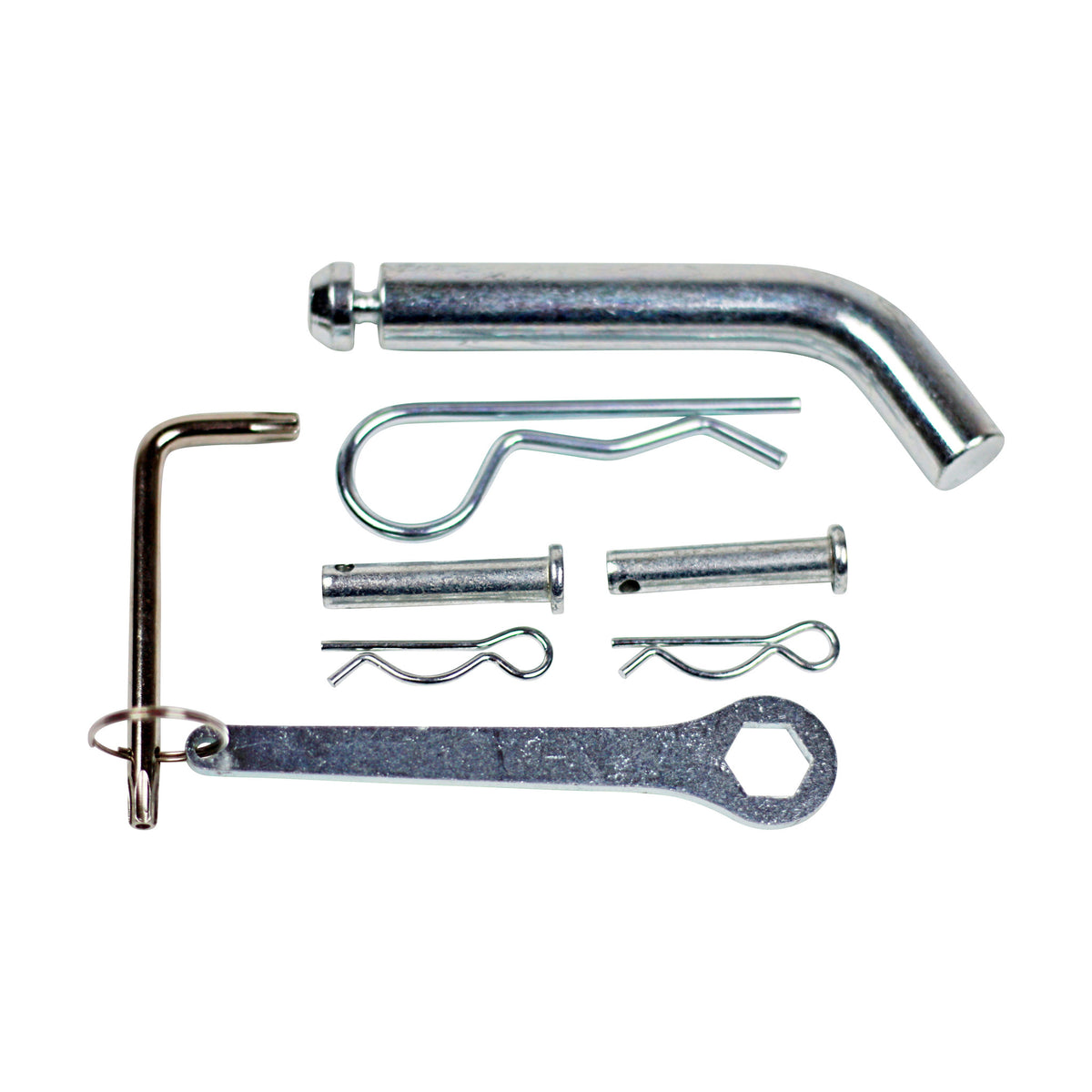 FanPole hardware pack laid out: bent hitch pin, hitch pin clips, two clevis pins with R-clips, an L-shaped pin with a ring and a flat wrench