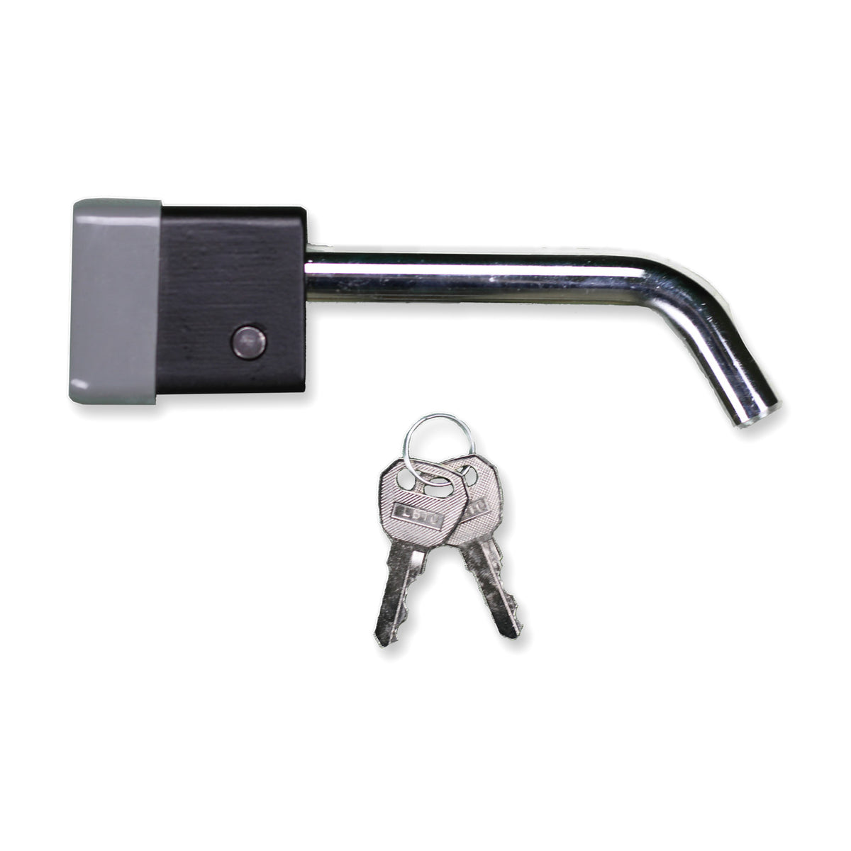 Chrome hitch lock pin with the lock head attached and a pair of keys on a ring