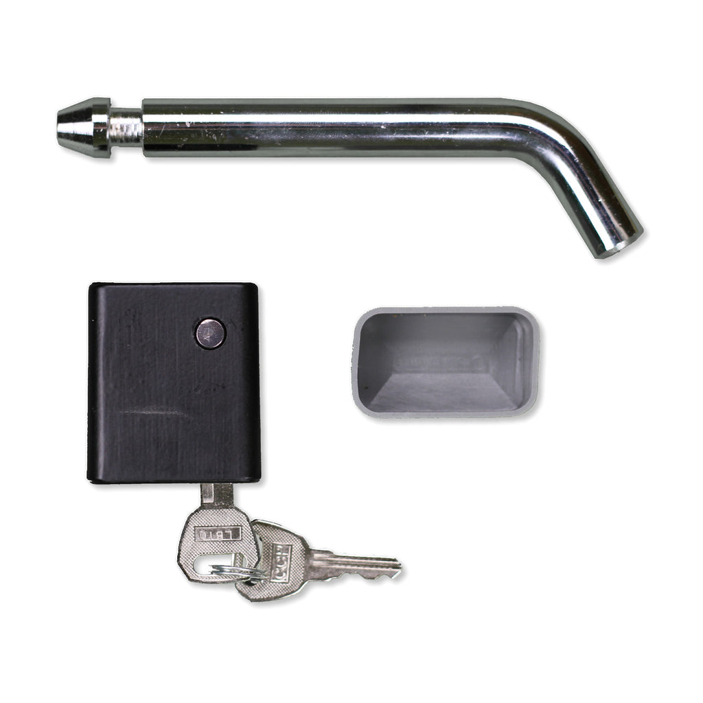 Chrome hitch lock pin with bent end, black lock body with cap, and two keys
