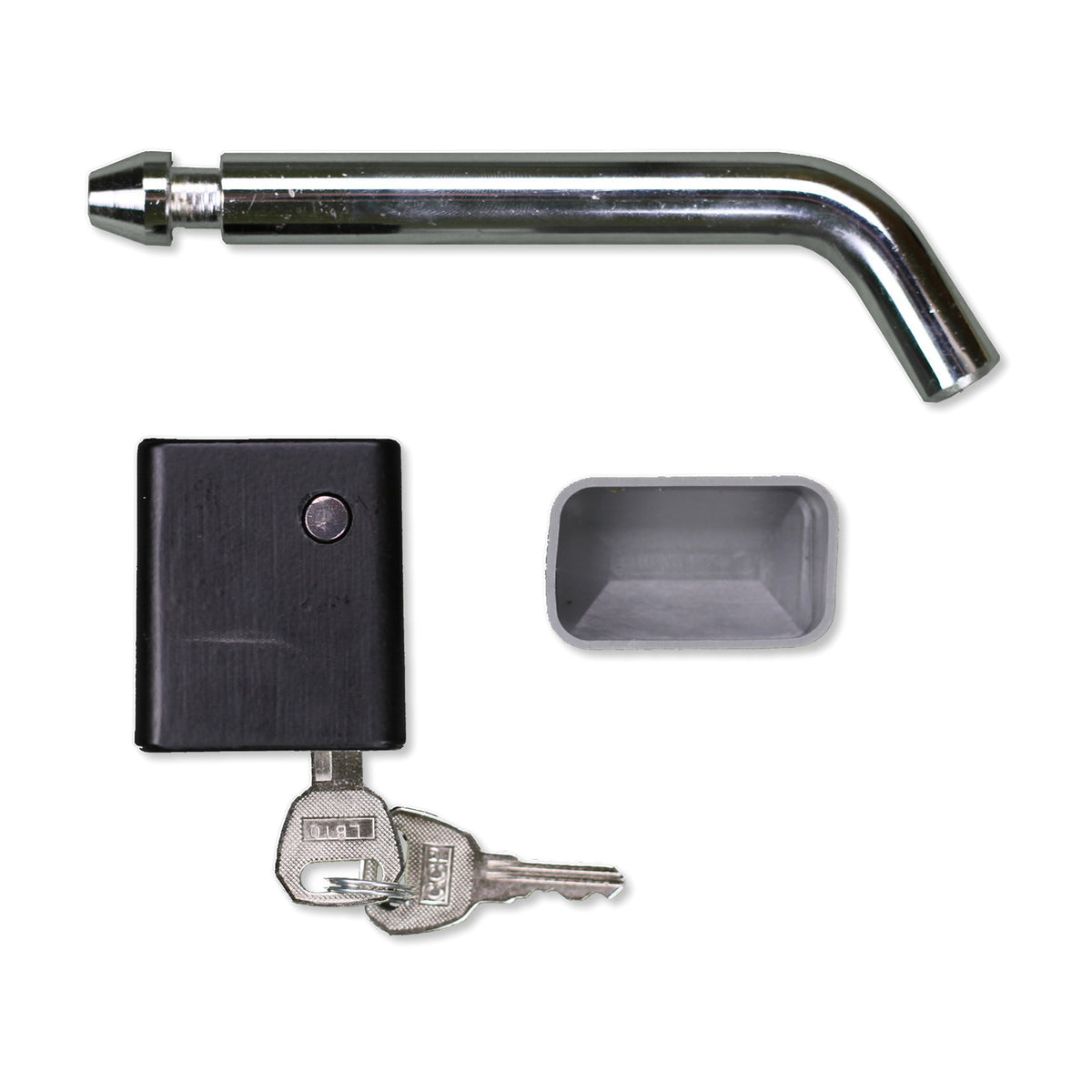 Chrome hitch lock pin with bent end, black lock body with cap, and two keys