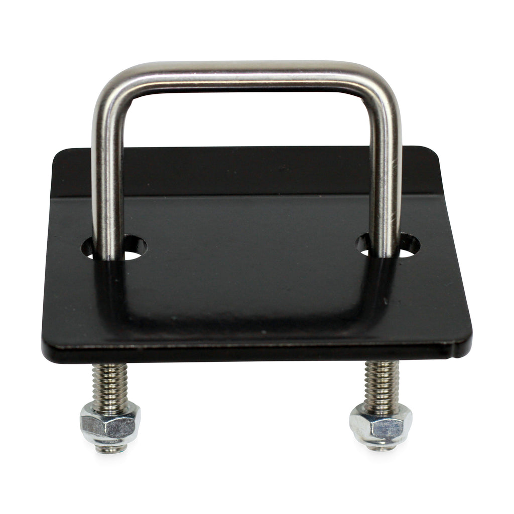 U-bolt hitch tightener with black steel plate, stainless U-bolt, washers and nuts, included in the FanPole kit