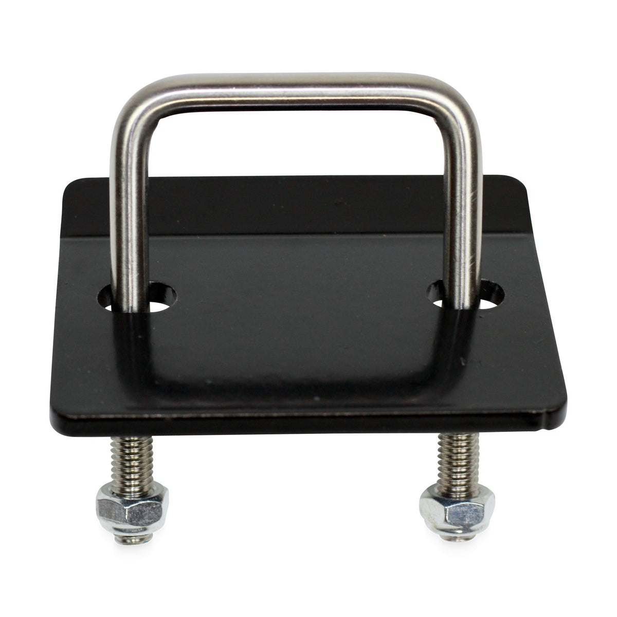 U-bolt hitch tightener with black steel plate, stainless U-bolt, washers and nuts, included in the FanPole kit