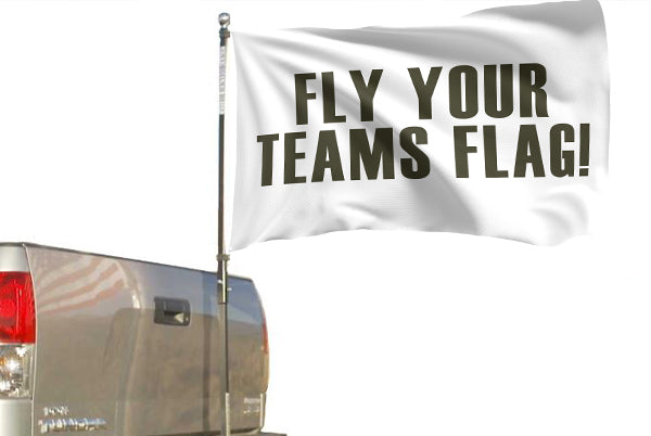 FanPole hitch flag pole flying a white "Fly your team's flag" flag on a silver pickup